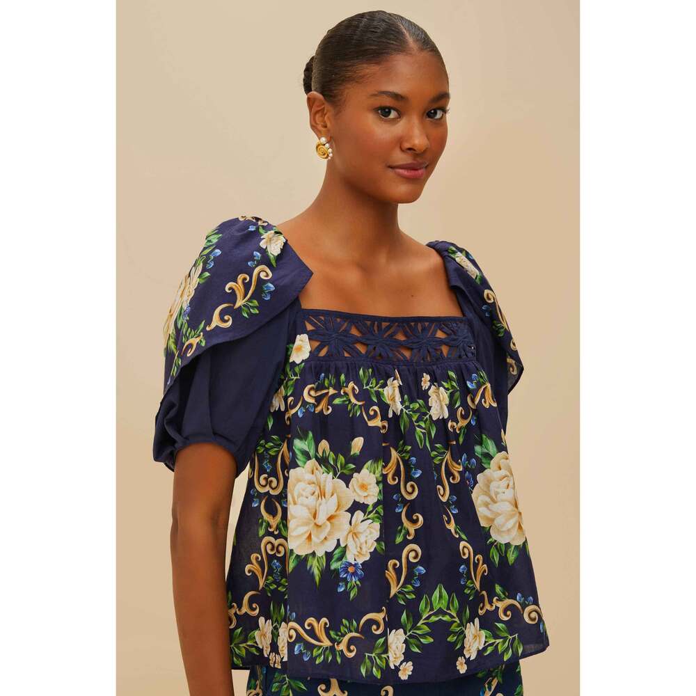 Blue Flower Tapestry Yoke Blouse